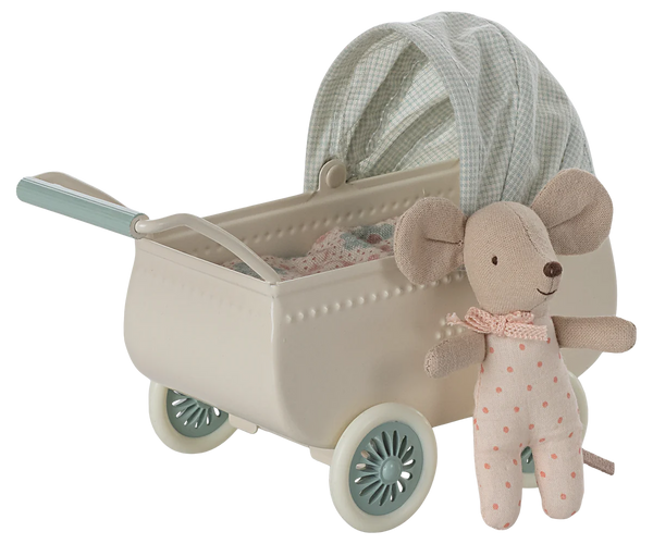 Pram with Baby Mouse - Mint - Where The Sidewalk Ends Toy Shop