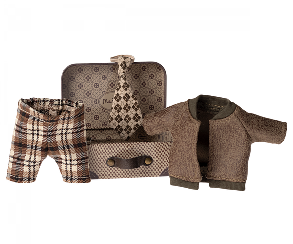 Jacket, pants and tie in suitcase, Grandpa mouse - Where The Sidewalk Ends Toy Shop