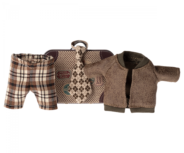 Jacket, pants and tie in suitcase, Grandpa mouse - Where The Sidewalk Ends Toy Shop