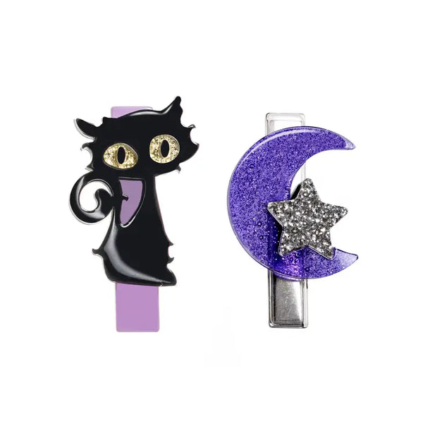 Lucky the Black Cat/Moon Glitter Silver Alligator Clip - Where The Sidewalk Ends Toy Shop