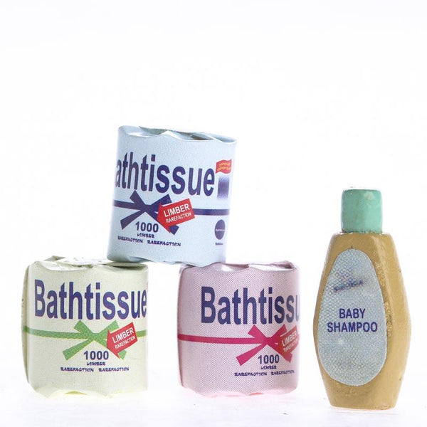 Miniature Bathroom Tissue and Shampoo Bottles 4 Piece Set - Where The Sidewalk Ends Toy Shop