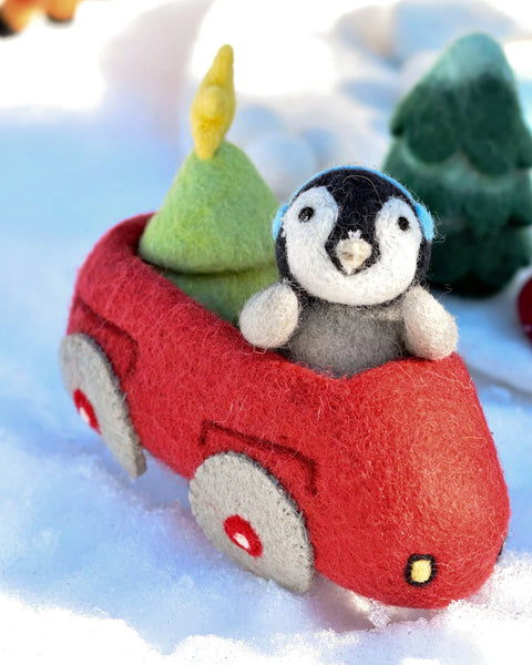 Felt Penguin in Toy Car and Christmas Tree - Where The Sidewalk Ends Toy Shop