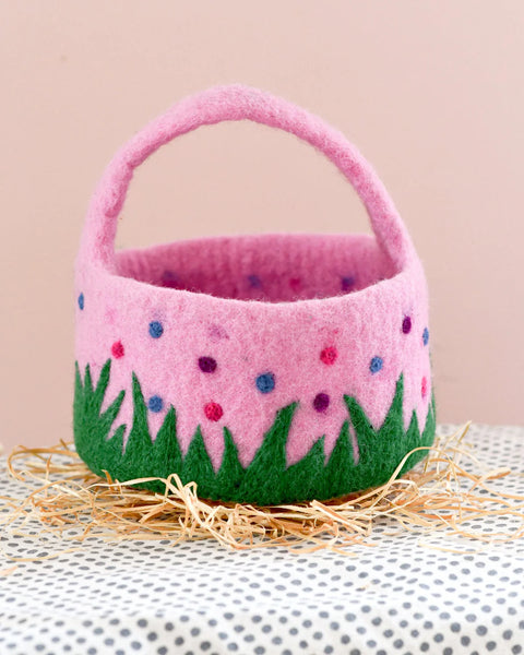 Felt Pink Basket with Colourful Dots - Where The Sidewalk Ends Toy Shop
