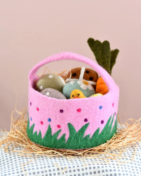 Felt Pink Basket with Colourful Dots - Where The Sidewalk Ends Toy Shop