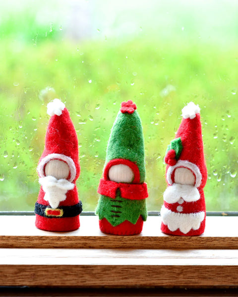Christmas Peg Dolls Set - Santa Claus, Mrs Claus and Christmas Elf - Where The Sidewalk Ends Toy Shop