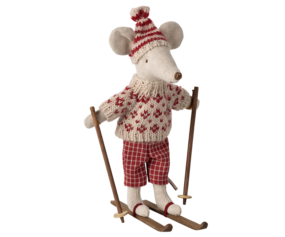 Winter mouse with ski set, Mum - Red