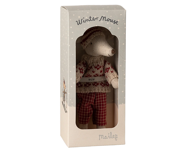 Winter mouse with ski set, Mum - Red