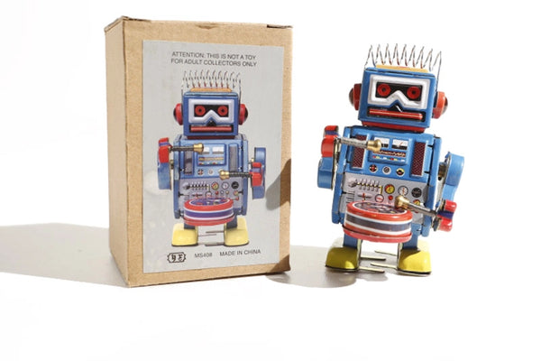Robot Drummer, Small Blue, 9.5 cm - Where The Sidewalk Ends Toy Shop