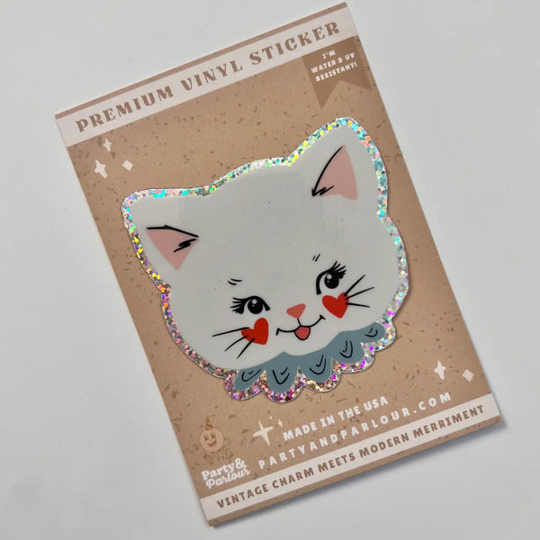 Vintage Valentine Kitty Cat Vinyl Glitter Sticker Decal