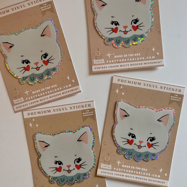 Vintage Valentine Kitty Cat Vinyl Glitter Sticker Decal