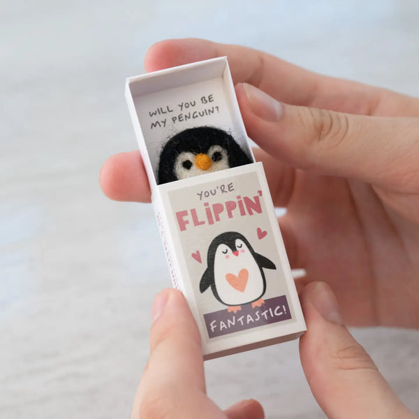 You're Flippin' Fantastic Wool Felt Penguin in A Matchbox