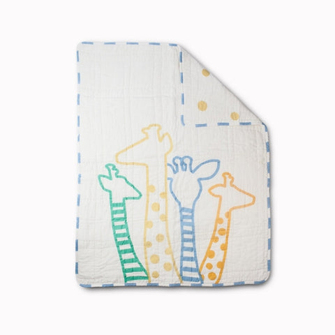 Giraffe Friends reversible Baby Quilt w/ Light Blue Trim - Where The Sidewalk Ends Toy Shop