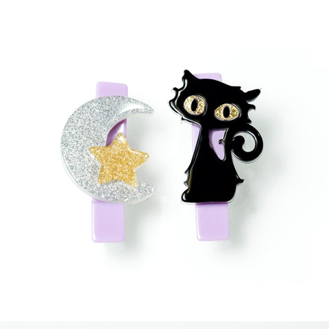 Lucky the Black Cat/Moon Glitter Silver Alligator Clip - Where The Sidewalk Ends Toy Shop