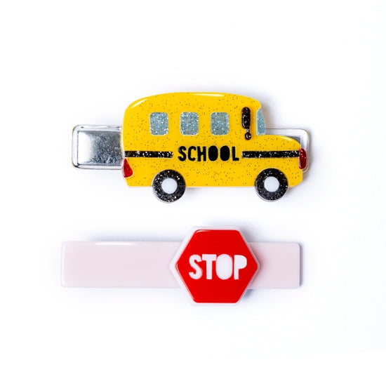 Yellow Bus & Red Stop Sign Alligator Clips - Where The Sidewalk Ends Toy Shop